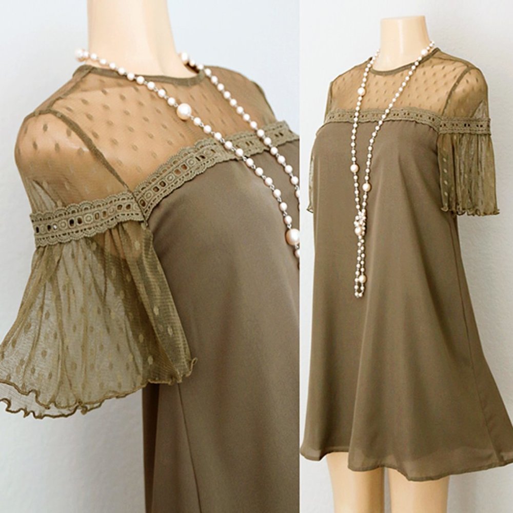 Olive Green Polka Dot Mesh Yoke Ruffle Shift Dress